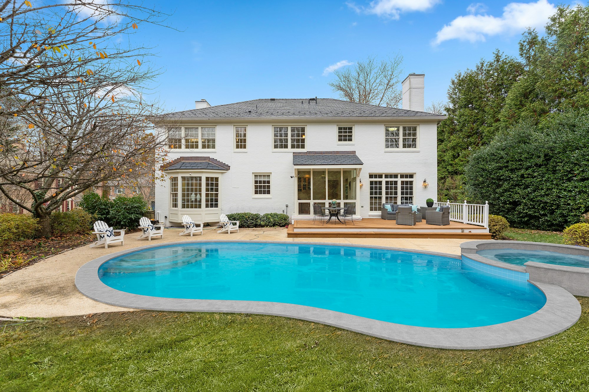 Residential inground swimming pool with deck