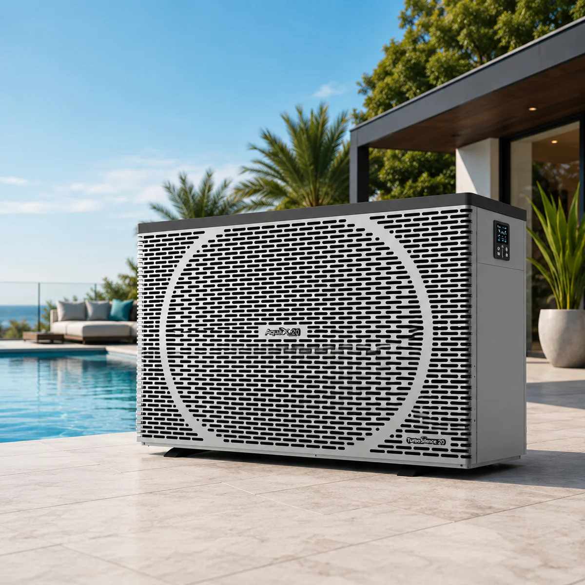 Pool heat pump unit installed poolside